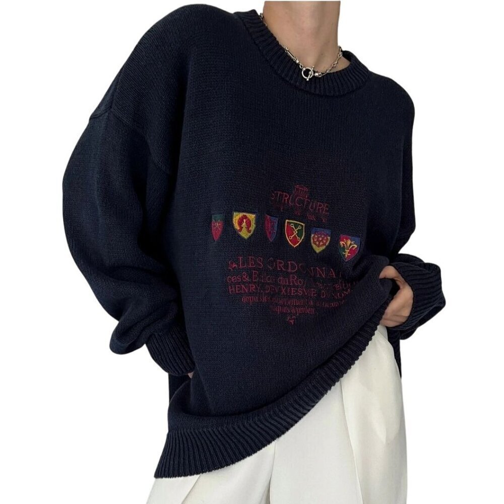 Structure Vintage Navy French Crest Knit Crewneck Sweater Embroidered Size XL
